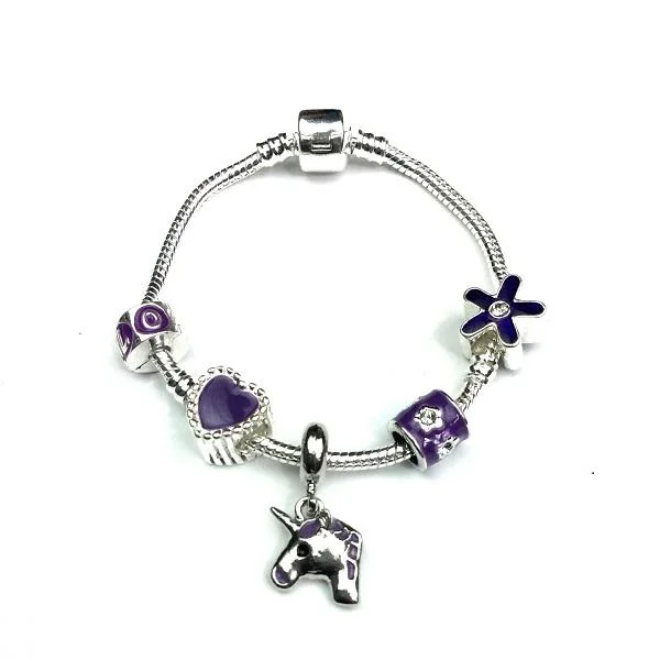 Children's 'Purple Unicorn' Silver Plated Charm Bead Bracelet