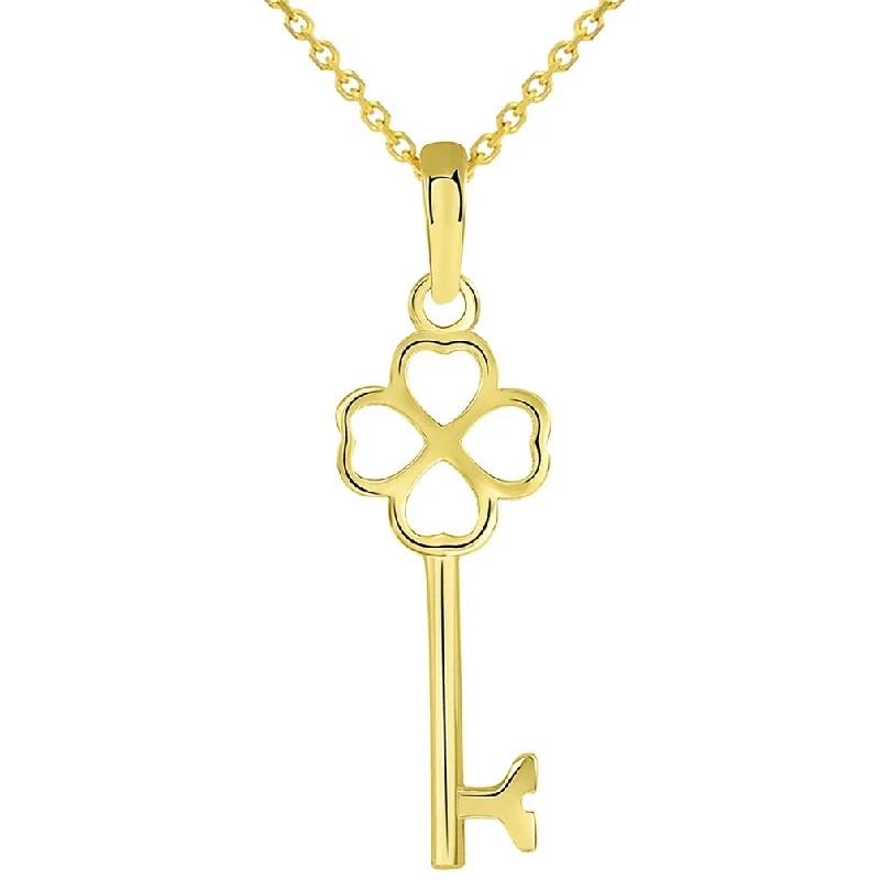 women gemstone pendant necklaces -Solid 14K Yellow Gold Simple Four Leaf Clover Love Key Charm Good Luck Pendant Necklace