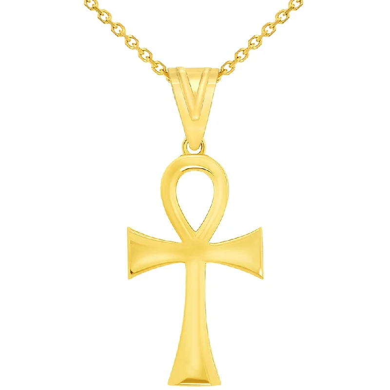 women initial necklaces -Polished 14k Yellow Gold 1.2 Inch Height Classic Egyptian Ankh Cross Pendant with Rolo Cable, Cuban Curb, or Figaro Chain Necklaces