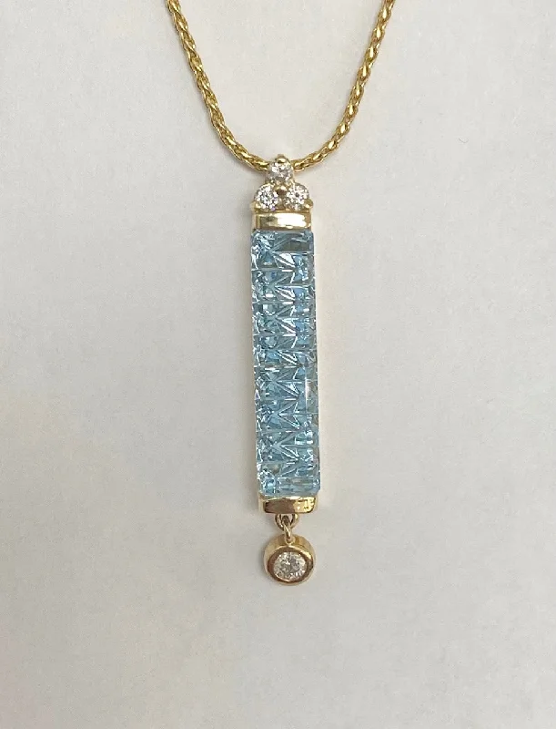 women long gold necklaces -14kt Yellow Gold Custom Fantasy Cut Aquamarine and Diamond Pendant