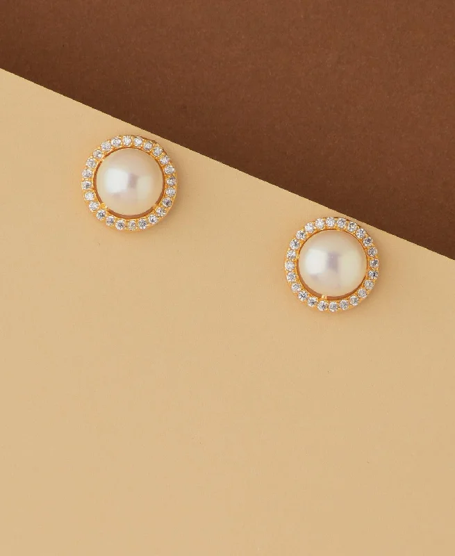 women chunky earrings -Elegant White Stud Pearl Earring