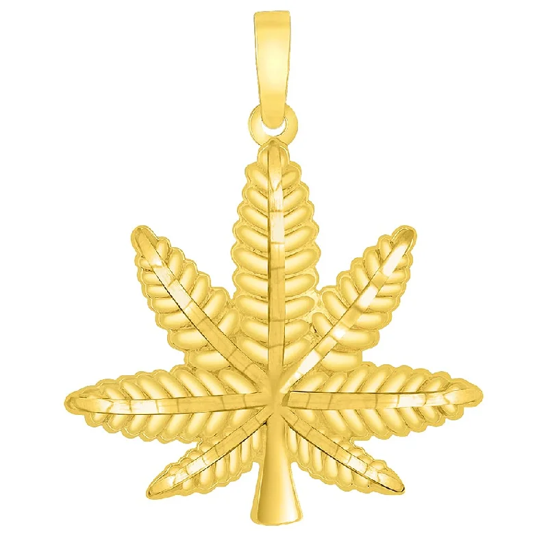 women modern necklaces -Solid 14k Yellow Gold Textured Marijuana Weed Leaf Pendant