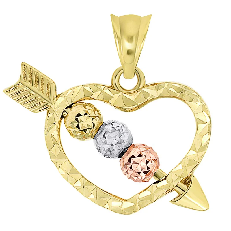 women thick chain necklaces -14k Tri-Color Gold Beaded Cupid's Love Arrow Through Textured Open Heart Pendant (small)