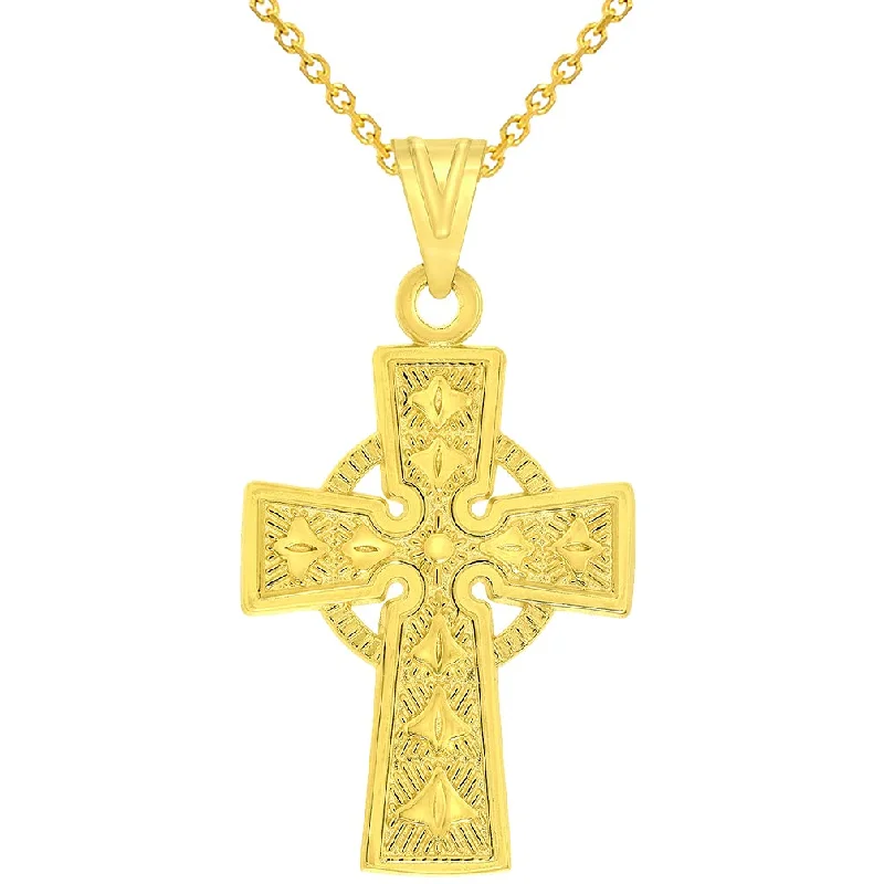 women custom engraved necklaces -Solid 14k Yellow Gold Elegant Trinity Knot Celtic Cross Pendant with Rolo Cable, Cuban Curb, or Figaro Chain Necklaces