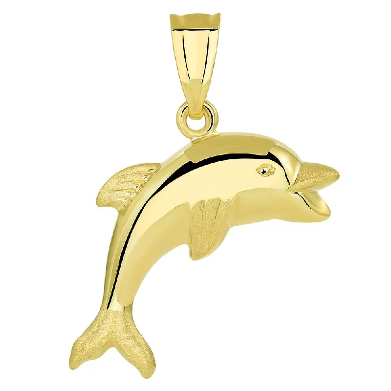 women gemstone necklaces -14k Yellow Gold Polished Smiling and Jumping 3D Dolphin Pendant