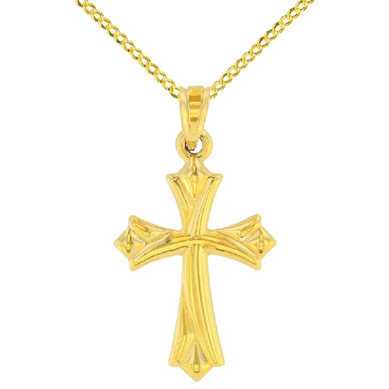 women heart-shaped necklaces -14k Yellow Gold Fleur de Lis Cross Charm Pendant Necklace with Cuban Concave Chain