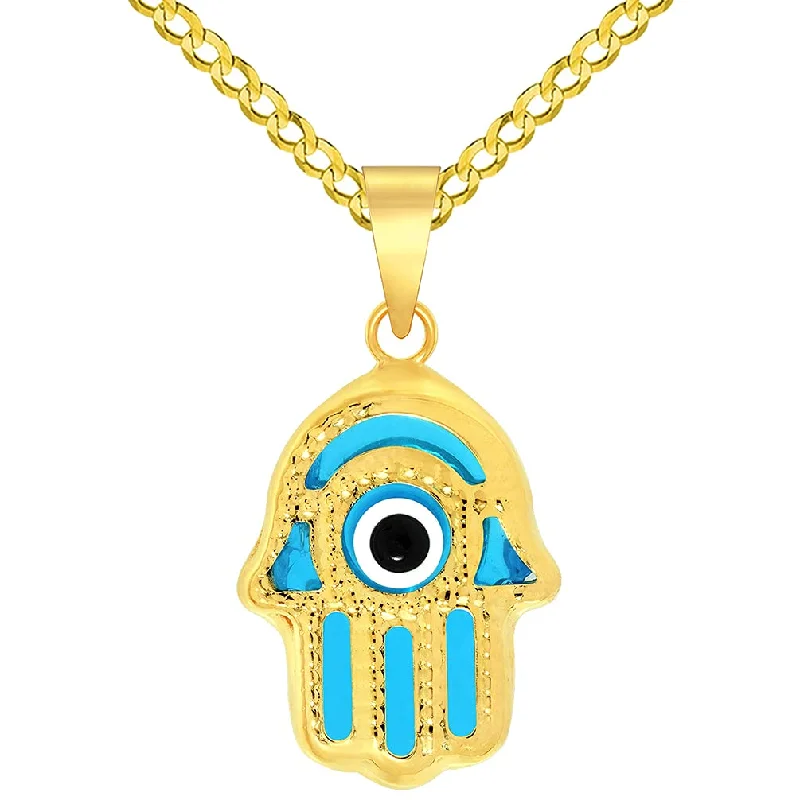 women gemstone necklaces -14k Yellow Gold Blue Evil Eye Hamsa Hand Charm Pendant Cuban Chain Curb Necklace