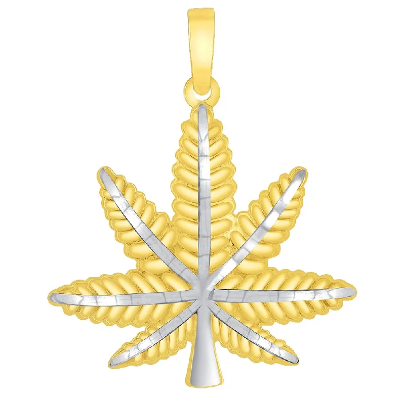 women animal pendant necklaces -Solid 14k Yellow Gold Textured Two Tone Marijuana Weed Leaf Pendant