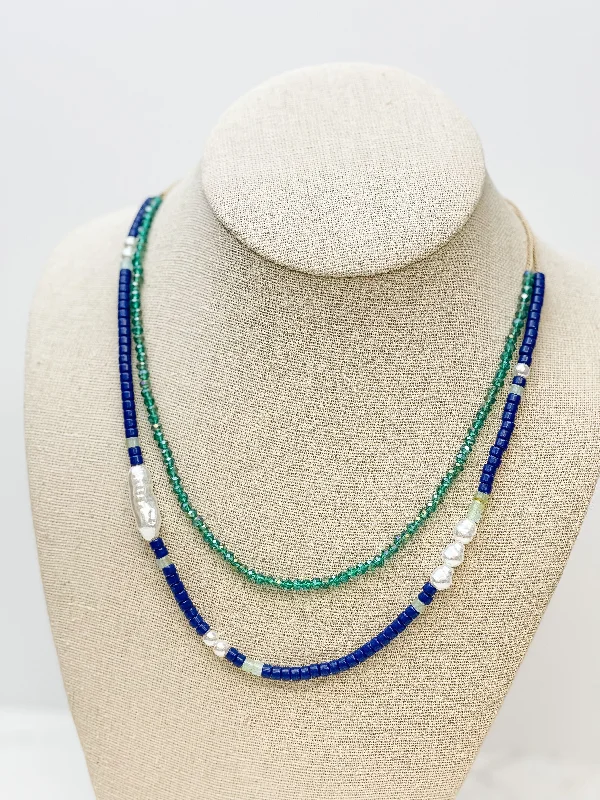 women pearl pendant necklaces -Blue Bead & Pearl Dual Layer Necklace