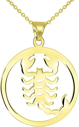 women engraved charm necklaces -Solid 14k Yellow Gold Round Scorpio Zodiac Symbol Cut-Out Scorpion Pendant Necklace