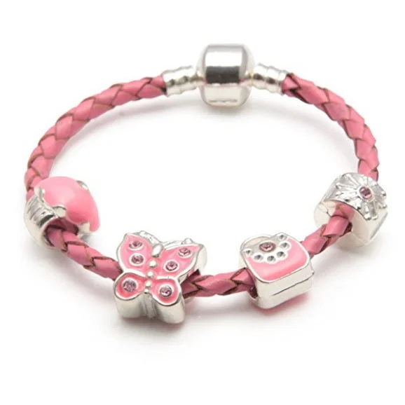 Pretty In Pink Pink Leather Charm Bracelet For Girls