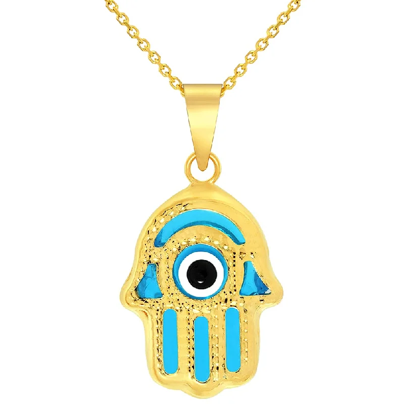 women pearl necklaces -14k Yellow Gold Blue Evil Eye Hamsa Hand Charm Pendant Necklace