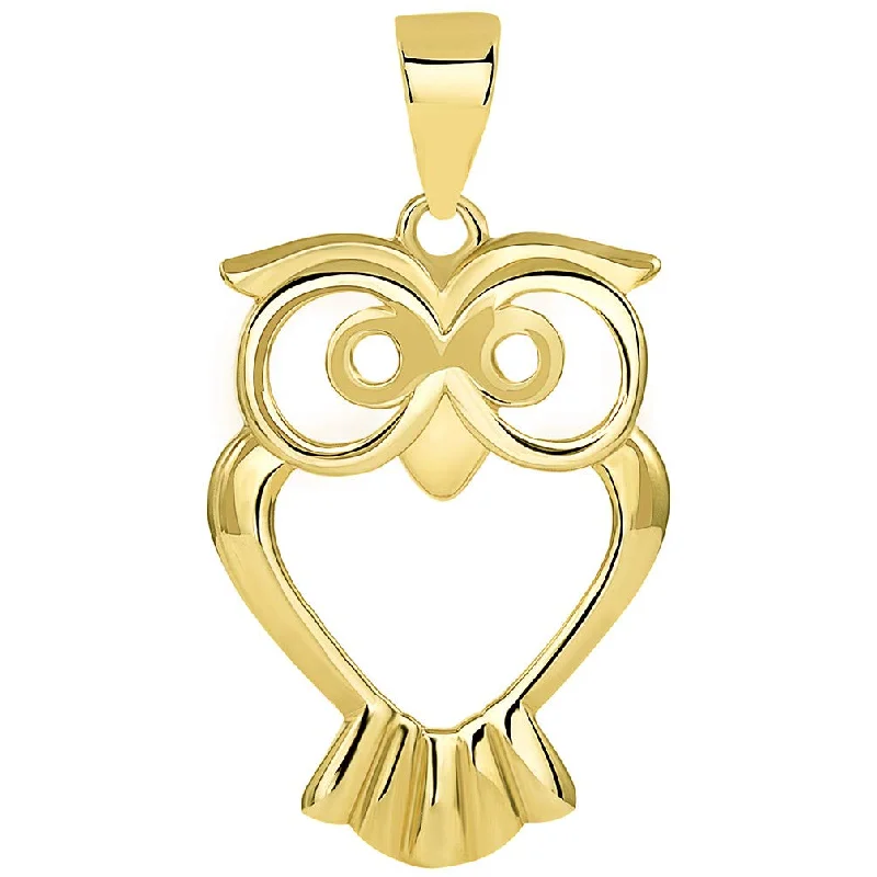 women delicate necklaces -Solid 14K Yellow Gold Open  Eyes Owl Animal Pendant