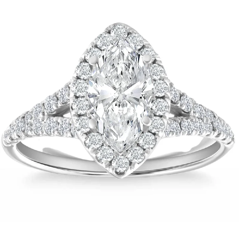 modern engagement rings -1 3/4Ct Marquise Halo Diamond Split Band Engagement Ring 14k White Gold