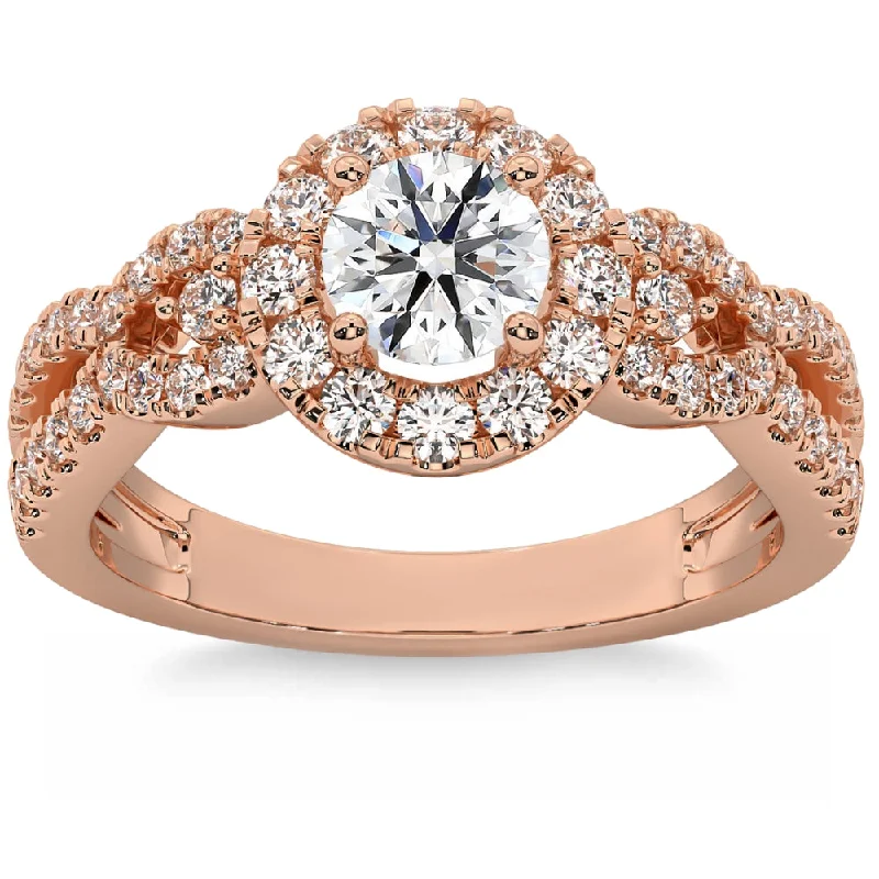 classic engagement rings -1 1/2Ct Diamond Engagement Ring Halo Twist Band 14k Gold Lab Grown