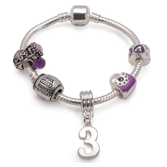 Children's Purple 'Happy 3rd Birthday' Silver Plated Charm Bead Bracelet