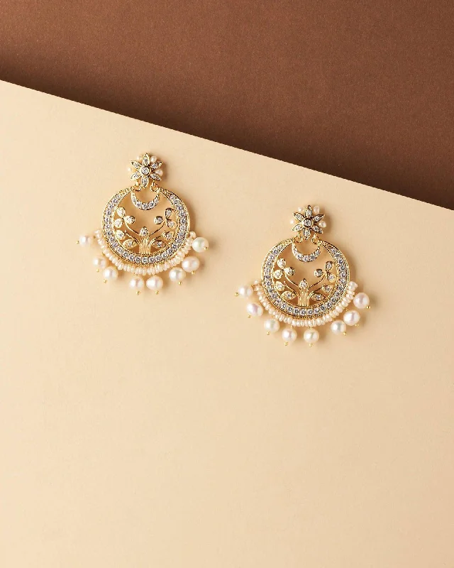 women ear thread earrings -Ethnic Real Pearl Hanging Earring