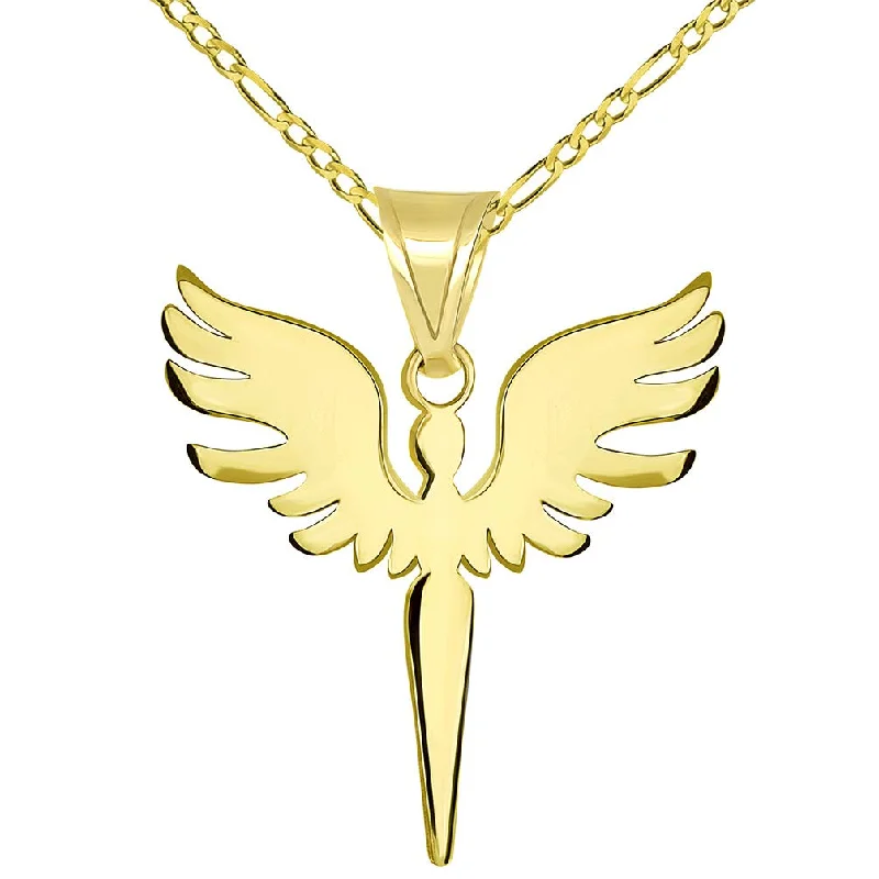 women wedding necklaces -Solid 14k Yellow Gold Guardian Angel Archangel Silhouette Pendant with Figaro Necklace