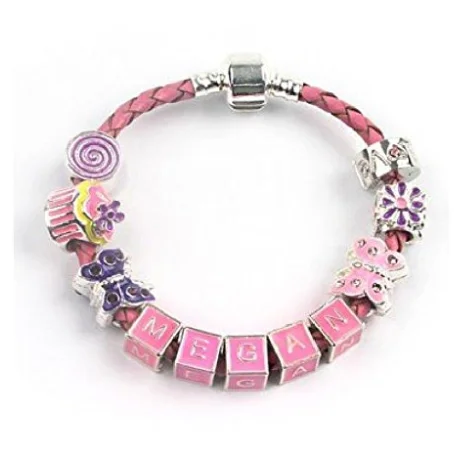 Children's Personalised Name 'Birthday Girl' Pink Leather Charm Bead Bracelet