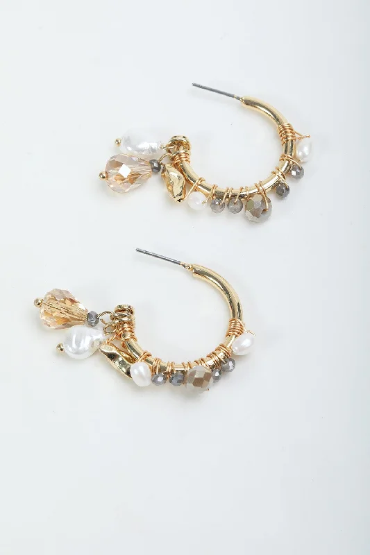 women gold earrings -Faux Pearl Topaz Beaded Hoop Earrings