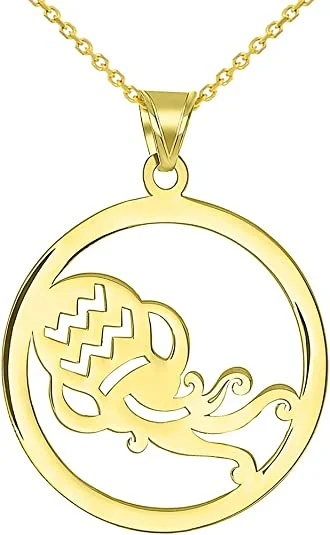 women jade necklaces -Solid 14k Yellow Gold Round Aquarius Zodiac Sign Cut-Out Vase Disc Pendant Necklace