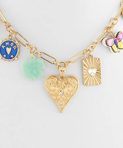 women modern necklaces -Bright Multi-Charm Heart Pendant Necklace