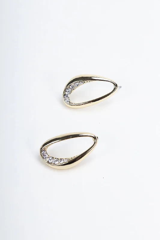 women infinity loop earrings -Oval Diamante Detail Gold Earrings