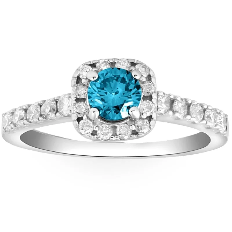 engagement rings with side stones -1Ct Blue Diamond Cushion Halo Engagement Ring in 14k White Gold