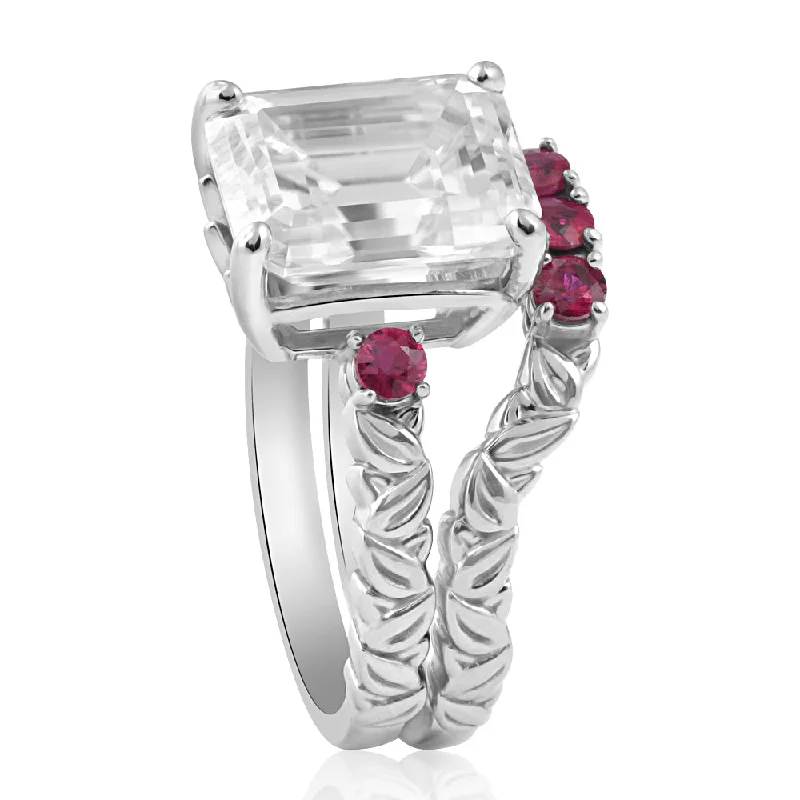 unique engagement rings -5 1/2Ct Ruby & Emerald Cut Moissanite Petite Leaf Engagement Set in Gold