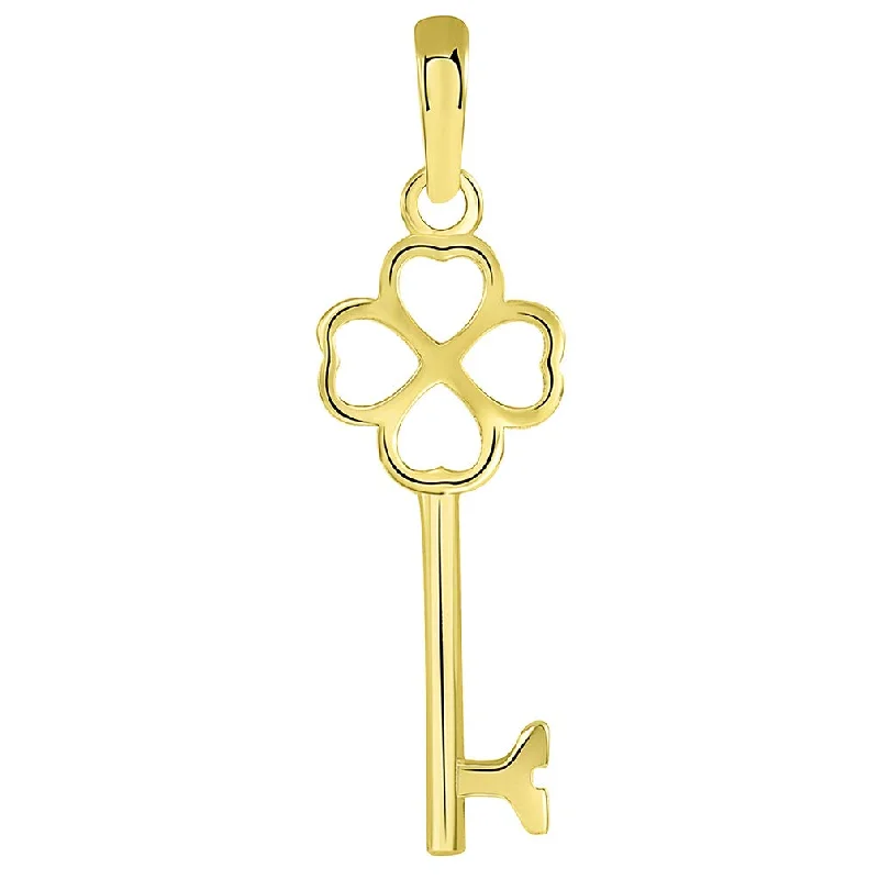 women statement silver necklaces -Solid 14K Yellow Gold Simple Four Leaf Clover Love Key Charm Good Luck Pendant