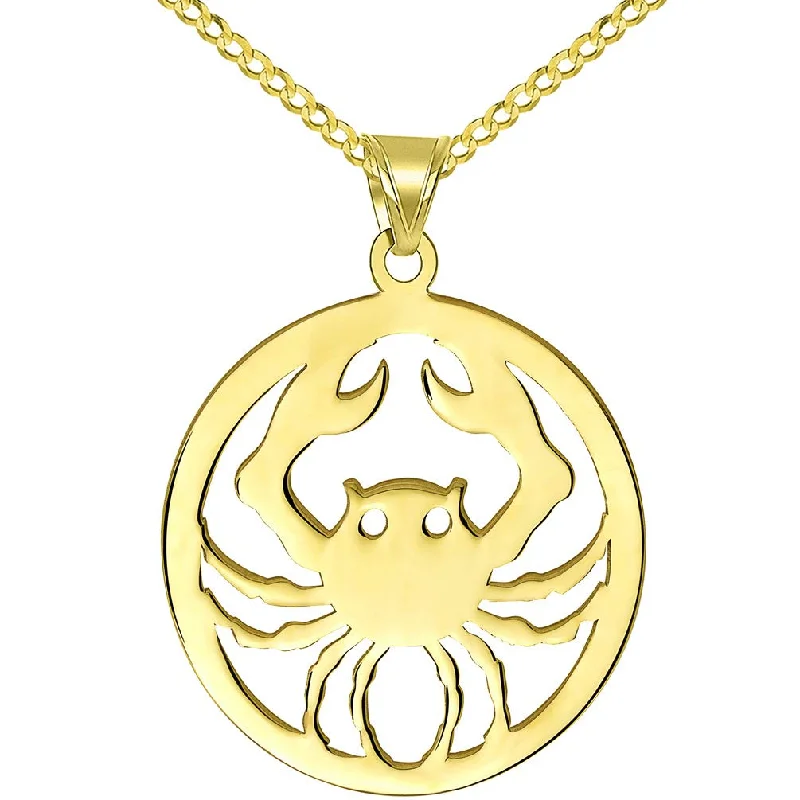 women crystal necklaces -Solid 14k Yellow Gold Round Cancer Zodiac Sign Crab Disc Pendant with Cuban Chain Necklace