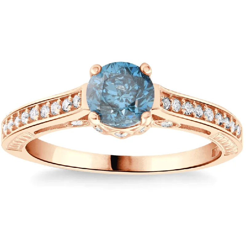 men engagement rings -1 1/4Ct Blue Diamond Vintage Engagement Ring 14k Rose Gold