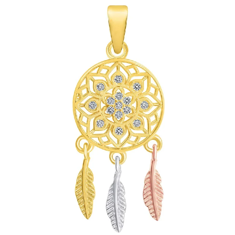 women circular necklaces -14k Yellow Gold Native American Tri-Tone Dreamcatcher Pendant