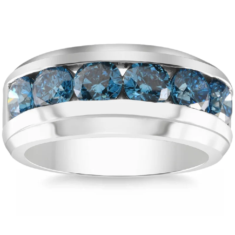 engagement rings with matching wedding band -4Ct TW Blue Diamond Men's Ring 10k White Gold Lab Grown