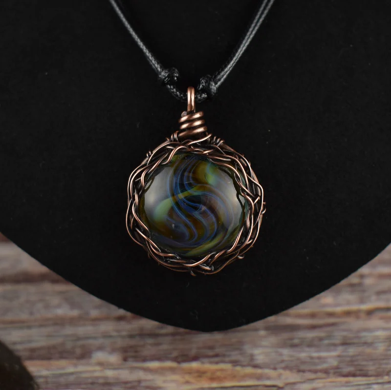 women adjustable necklaces -Wire Wrapped Glass Copper Pendant Necklace