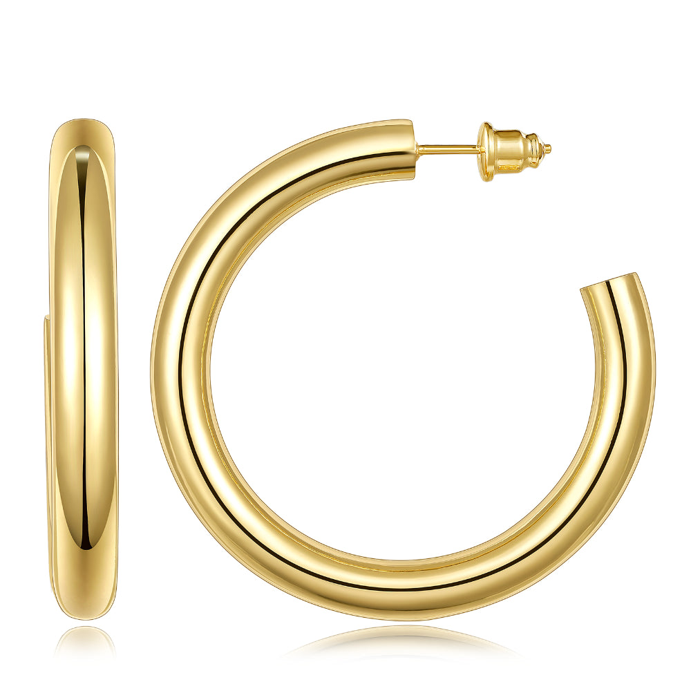 women stud earrings -Chunky Gold Tube Hoop Earrings 14K Plated