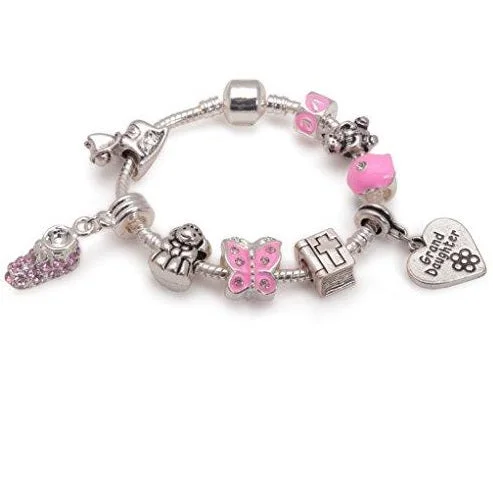 Baby Girl's Christening 'Little Angel Granddaughter' Silver Plated Charm Bead Bracelet