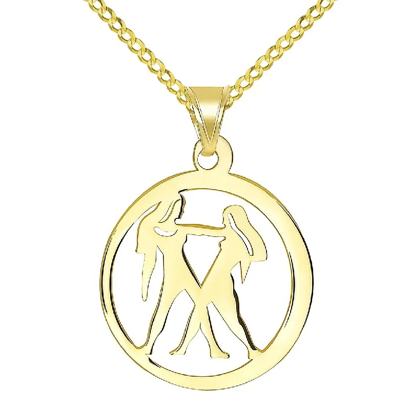 women heart pendant necklaces -14k Yellow Gold Dainty Round Gemini Twins Zodiac Sign Cut-Out Disc Pendant with Cuban Chain Necklace