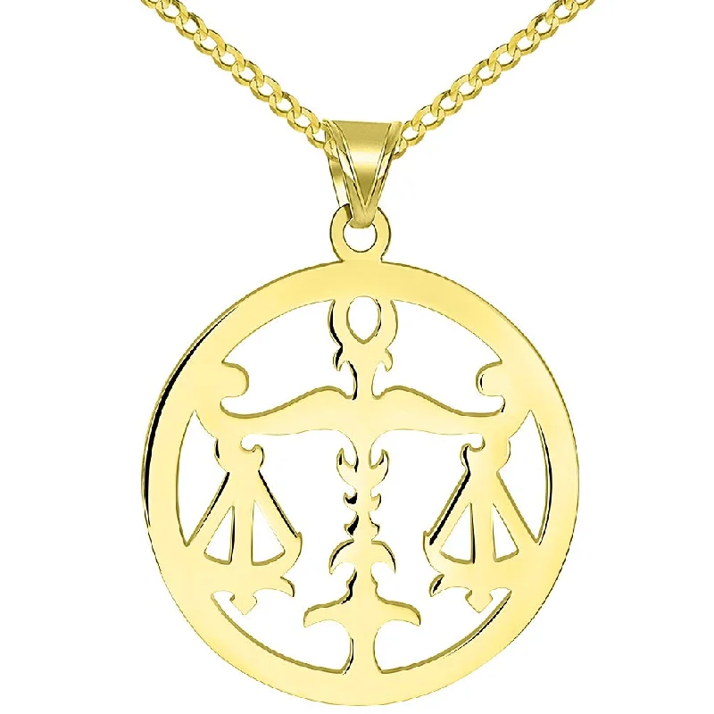 women pearl pendant necklaces -Solid 14k Yellow Gold Round Libra Zodiac Sign Scale Disc Pendant with Cuban Chain Necklace