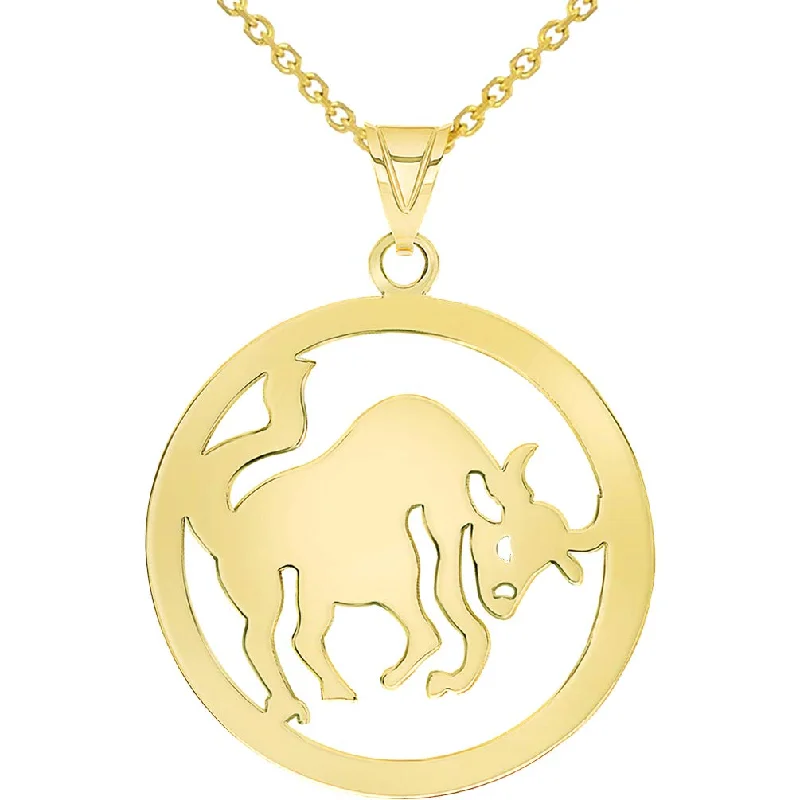 women double chain necklaces -Solid 14k Yellow Gold Round Taurus Zodiac Sign Bull Disc Pendant Necklace Available with Rolo, Cuban, or Figaro Chain