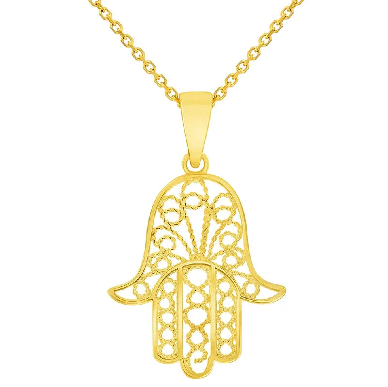 women infinity diamond necklaces -Solid 14k Yellow Gold Filigree Hamsa Hand of Fatima Pendant with Rolo Cable, Cuban Curb, or Figaro Chain Necklaces