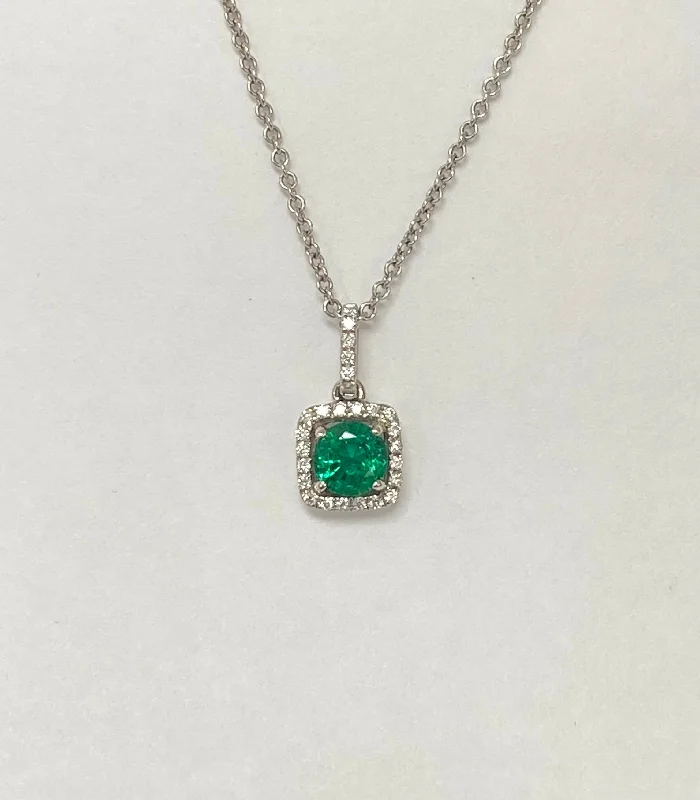 women pendant choker necklaces -14kt White Gold Round Emerald Halo Pendant