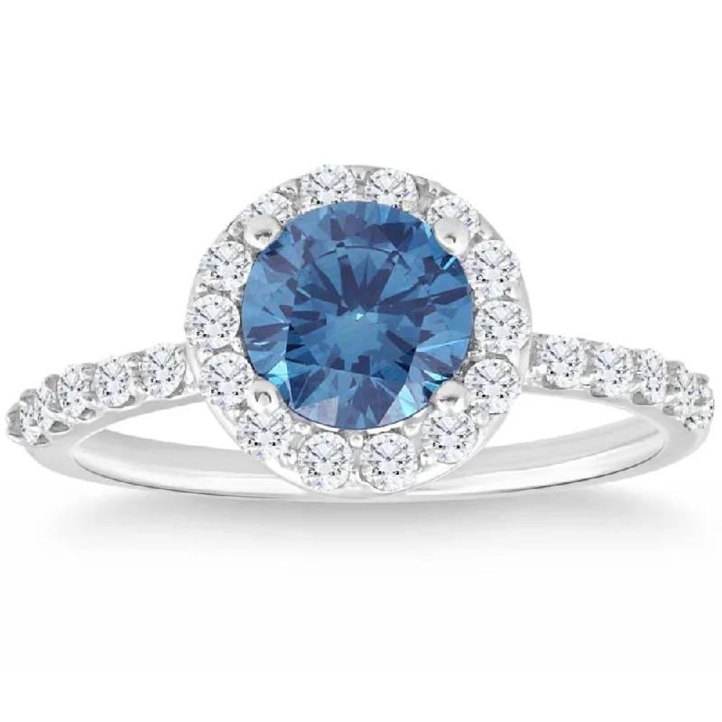 vintage-style diamond engagement rings -2Ct TW Blue & White Diamond Halo Engagement Ring in 14k White Gold