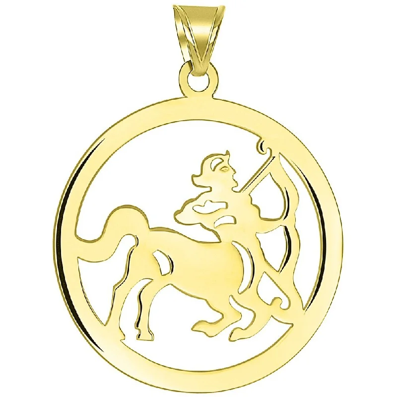 women rhinestone necklaces -Solid 14k Yellow Gold Round Sagittarius Zodiac Sign Cut-Out Disc Pendant