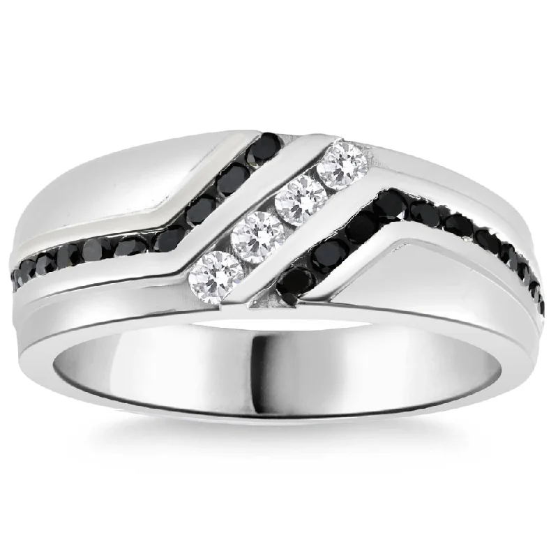 heart-shaped engagement rings -1 Ct TW Mens Black & White Diamond Wedding Band 10k White Gold Ring