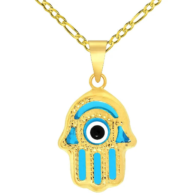 women pendant necklaces -14k Yellow Gold Blue Evil Eye Hamsa Hand Charm Pendant Figaro Chain Necklace