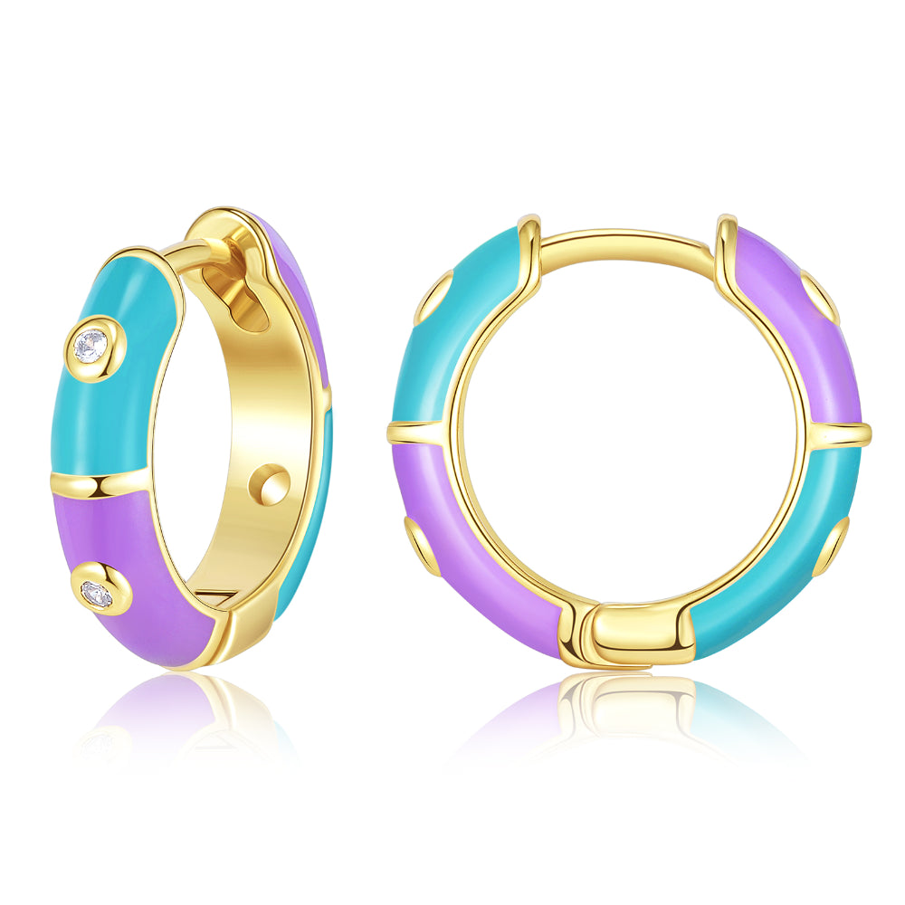 women ear cuff earrings -Dainty Dual-color Enamel Small Hoop Colorful Cute Huggie Earrings Color with Blue-Purple