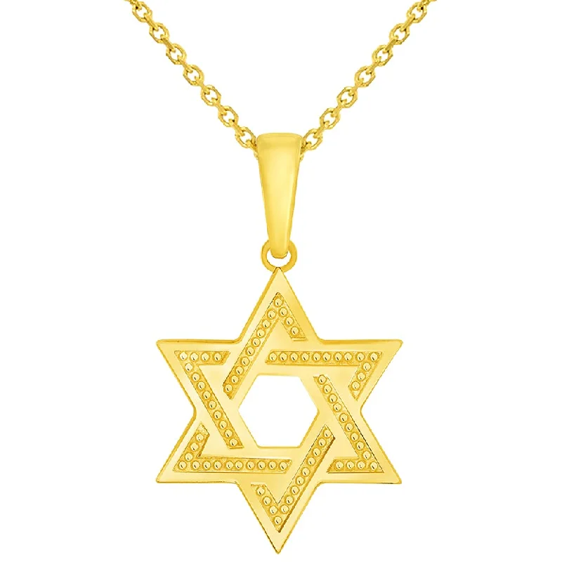 women personalized necklaces -14k Yellow Gold Textured Shield of David Hebrew Star Pendant with Rolo Cable, Cuban Curb, or Figaro Chain Necklaces