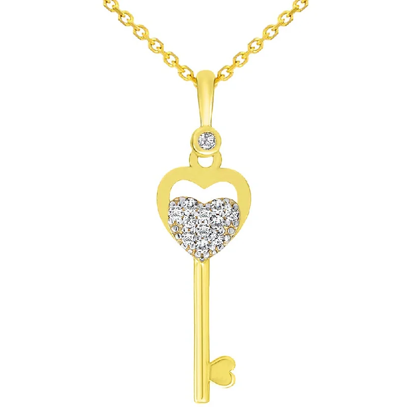 women twisted chain necklaces -14k Yellow Gold Cubic Zirconia Heart Shaped Love Key To My Heart Pendant Cable Chain Necklace