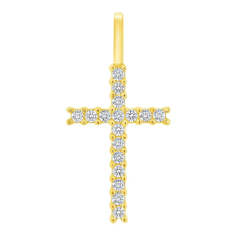 women sterling silver necklaces -Solid 14k Yellow Gold Cubic-Zirconia Petite Religious Cross Charm Pendant